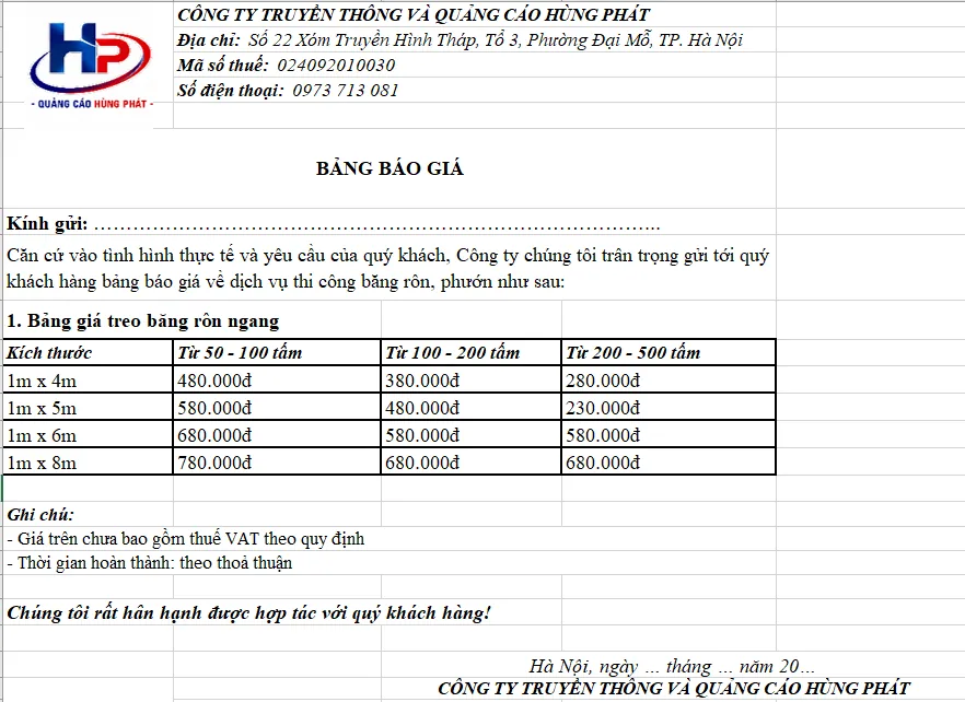 Bảng giá thi công băng rôn, phướn tại Hùng Phát