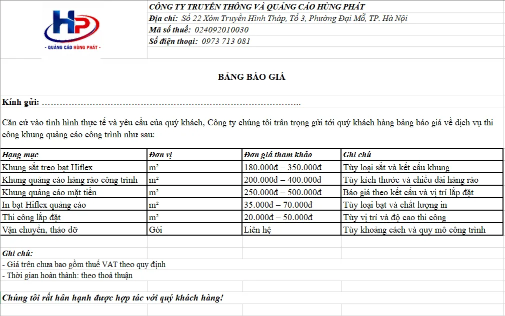Bảng giá thi công khung quảng cáo công trình tại Hùng Phát